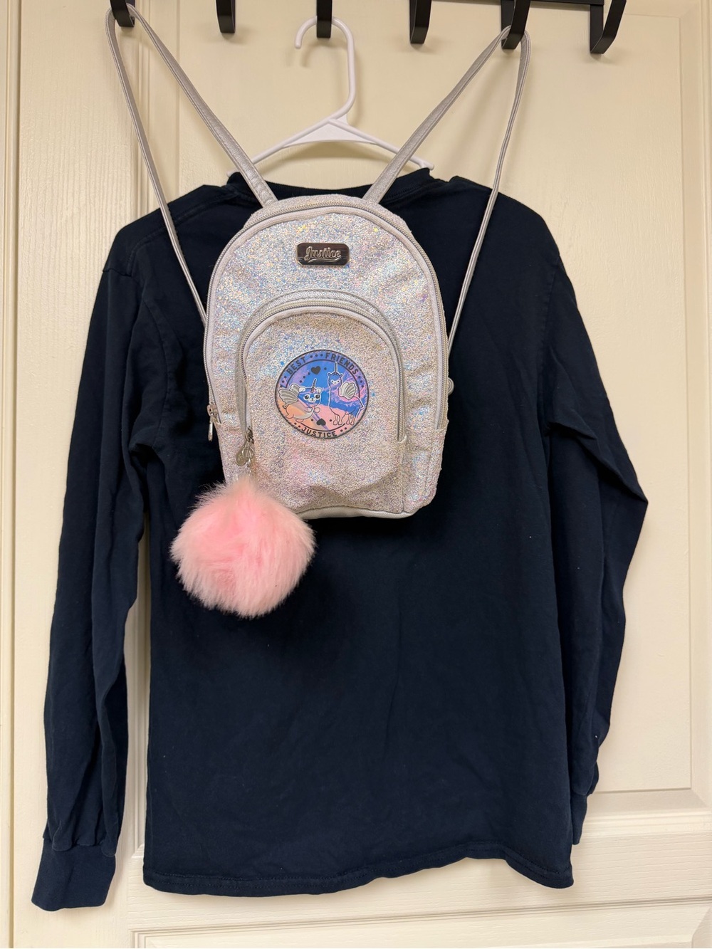 Justice Iridescent Silver Mini Backpack with Pink Pom Pom
